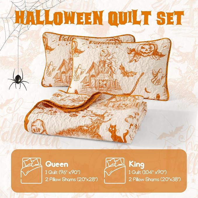 WONGS BEDDING King Pumpkin Castle Quilt Set, Halloween Bedspread Bedding | - Image 7