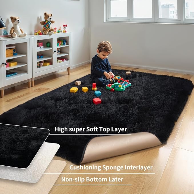 4x6 Thick Black Fluffy Shag Rug - Image 4