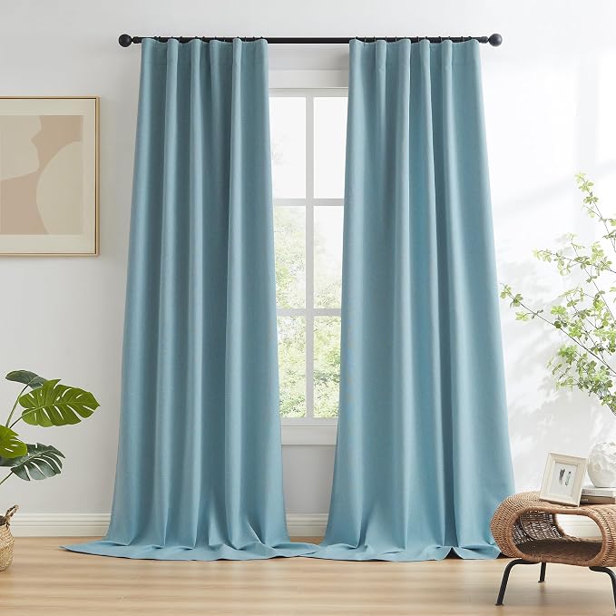 Full Blackout Shade Curtain Panels Dusty Stone Blue 63 Inch Long Noise Reducing - Image 2
