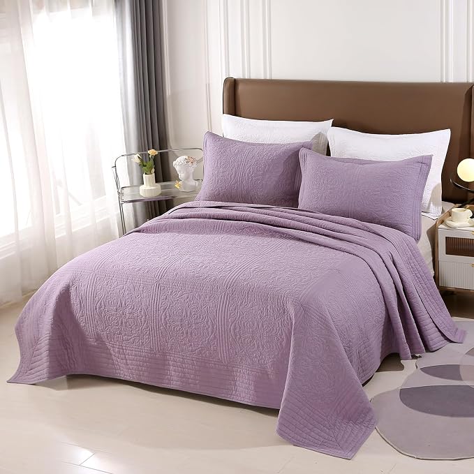ROOMLIFE Quilt Set Queen Size 3D Floral Embroidery Pattern 3-Piece Cotton - Image 4