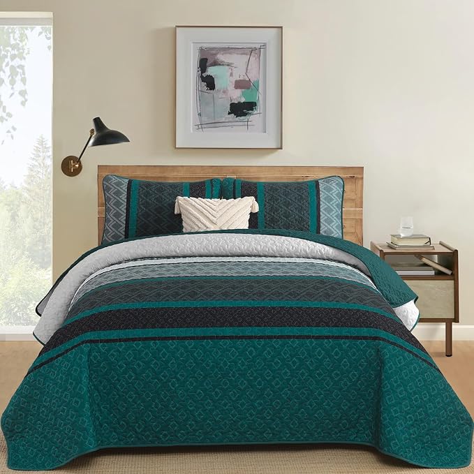 Dinjoy Boho Striped Quilts, Bedspread Queen Size Bedding Sets, Dark Green | 3 - Image 2