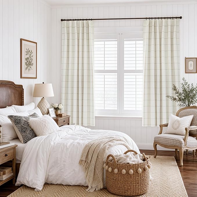 DriftAway 100% Blackout Plaid Linen Curtains 63 Inches Long 2 Panels Taupe | - Image 2