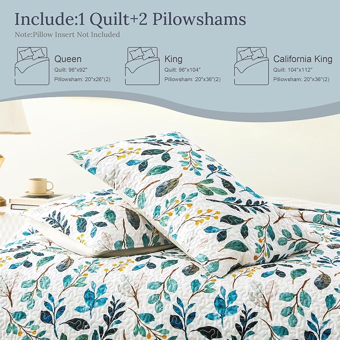Whale Flotilla California King Size Quilt Set, Soft Floral Leaf Bedspreads | - Image 4