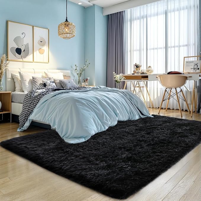 6x9 Thick Black Shag Rug for Bedroom, Soft Plush Fluffy Carpet | Black Area Rug - Image 7
