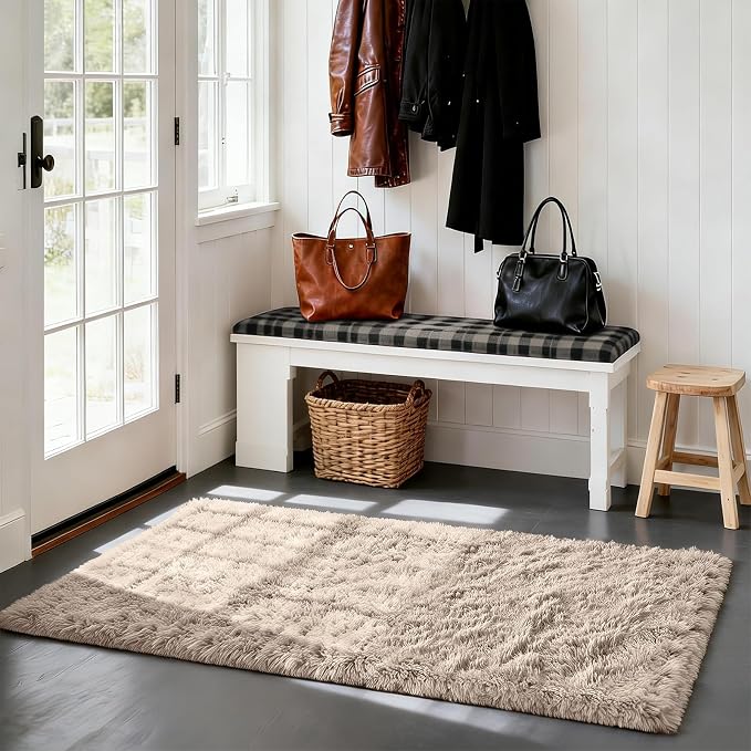 Beige 2x4 Area Rugs for Bedroom, Fluffy Shag Rug Small Rug Bedside Carpet | - Image 3