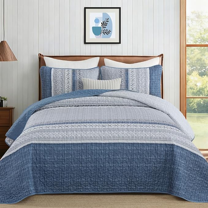 Cottolester Mineral Blue King Quilt Set, Boho Striped Bedspread Coverlet Set | by Cottolester
