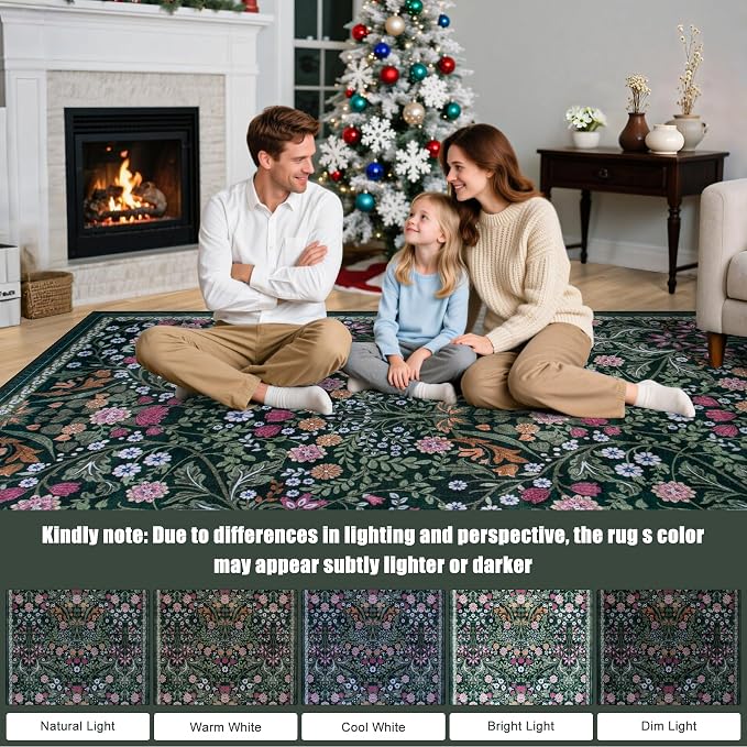 PLHXFR Area Rug Living Room: 3x5 Floral Washable Boho Carpet Dark Green | - Image 9