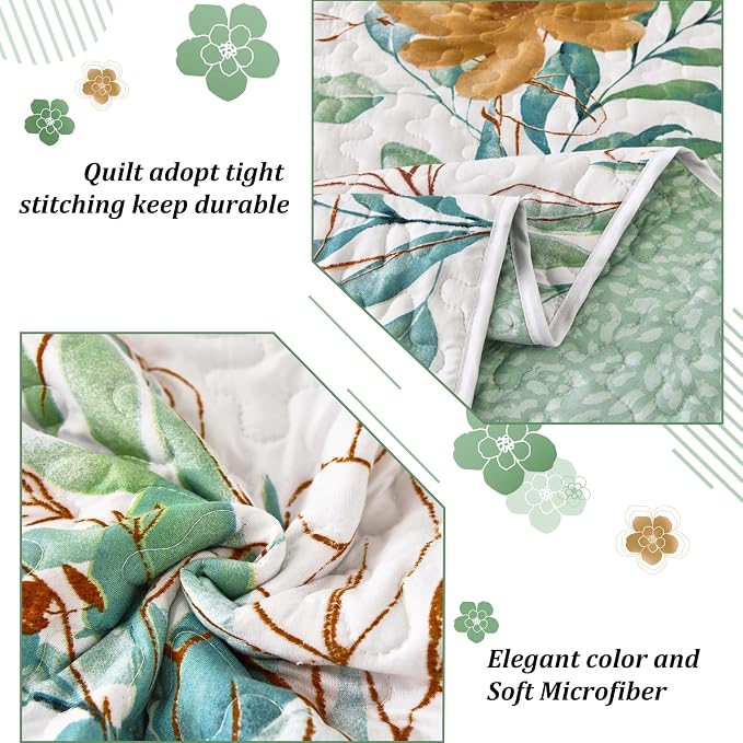 Anibedding Floral Quilt Set Queen, 3 Pieces Reversible Elegant Green Leaves - Image 5
