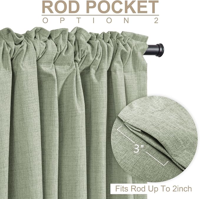 Faux Linen Total Blackout Sliding Door Curtains 108 Inches Long, Sage Green | - Image 4