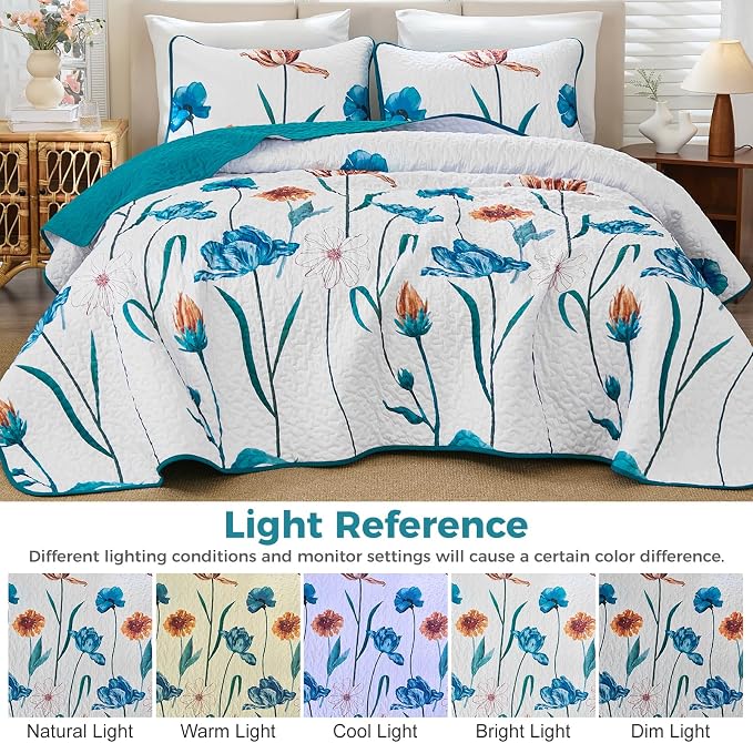 WONGS BEDDING Floral Quilt Set King, Shabby Chic Teal Floral Botanical Pattern - Image 7