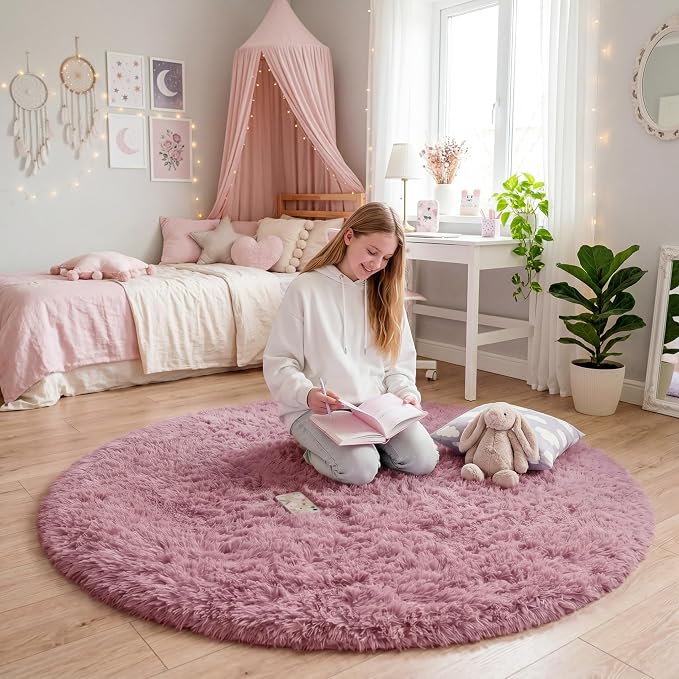 Amdrebio Mauve Pink Big Round Fuzzy Rug 6Ft - Image 2