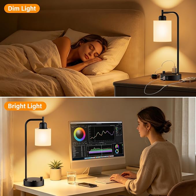 Industrial Table Lamps with Linen Shade, 2 LED Bulbs Included - Image 7