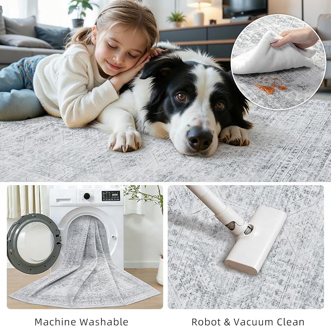 6x9 Area Rugs Living Room: Bedroom Neutral Washable Carpet Gray | Vintage Boho - Image 6