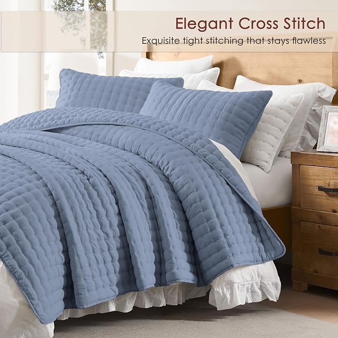 WDCOZY Dusty Blue Cloud Quilt Set Queen Size, Lightweight Soft Cross Stitch - Image 2