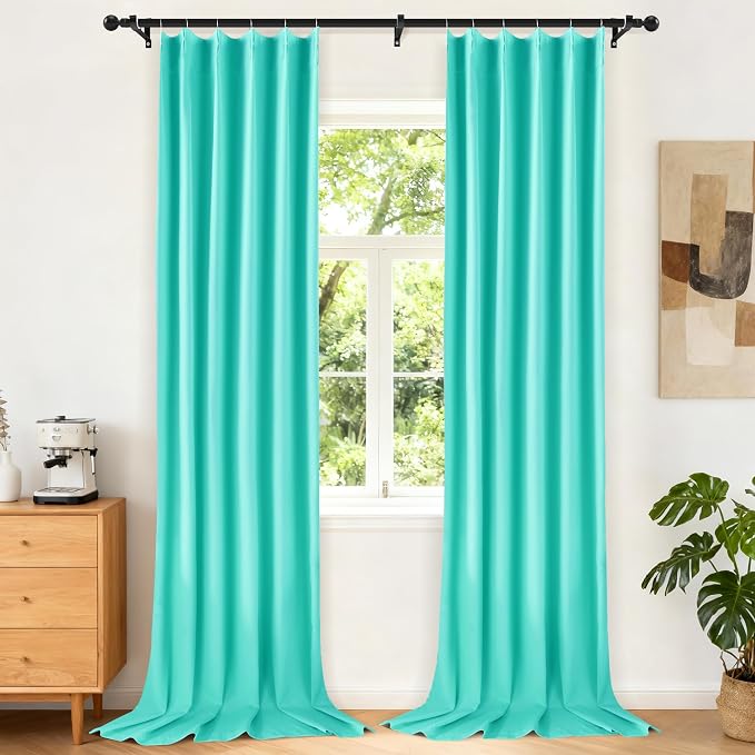 Etherealveil Turquoise Green Pinch Pleated Blackout Curtains 2P 40"x108" | Back by Etherealveil