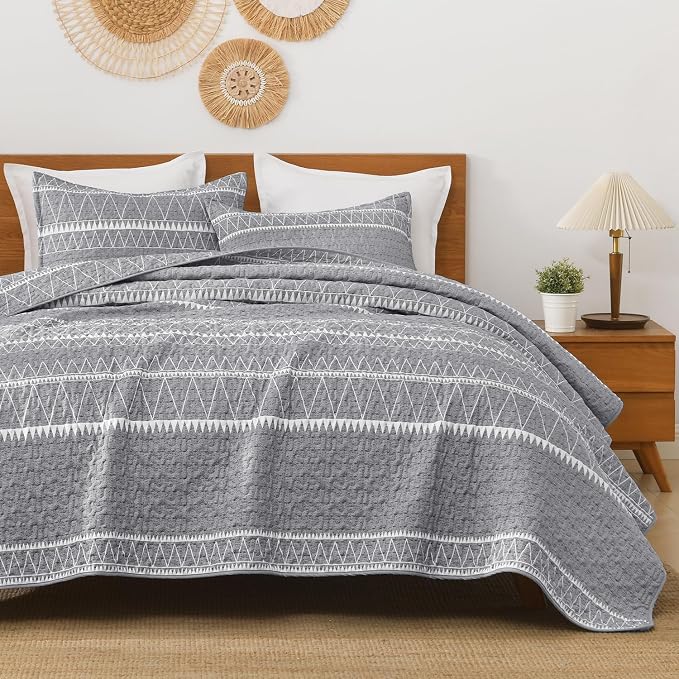 King Size Quilt Set Grey, 3 Pieces Boho Striped Bedspread | Soft Lightweight - Image 2