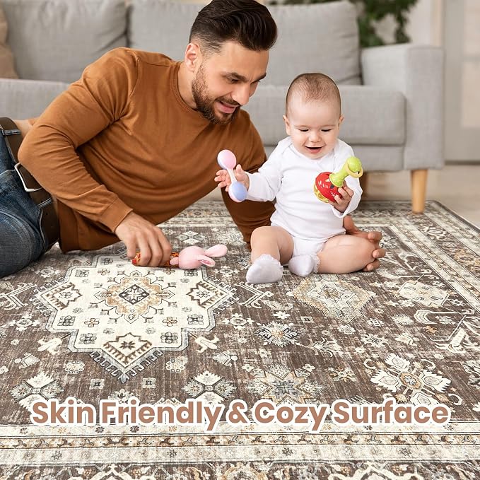 cotiled 10x11 Area Rug for Living Room, Traditional, Dark Brown | Soft - Image 3