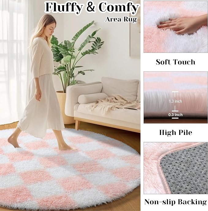 KICMOR Pink Round Rugs 5ft for Girls Bedroom, Fluffy Soft Checkered Circle Area - Image 2