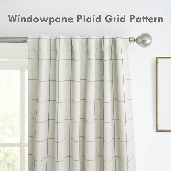 DriftAway 100% Blackout Plaid Linen Curtains 72 Inches Long 2 Panels Gray | - Image 6