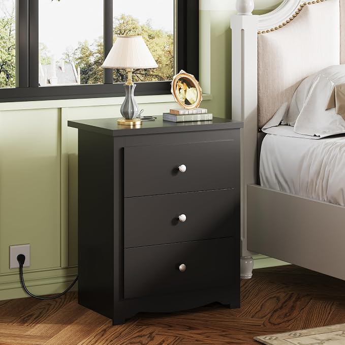 WLIVE Tall Nightstand with Charging Station, Wood Bedside Table, Power Outlets - Image 2