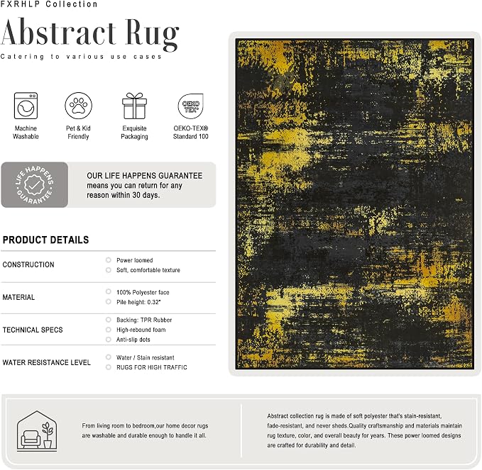 5x8 Area Rug Living Room: Modern Washable Soft Carpet Black Gold | - Image 3