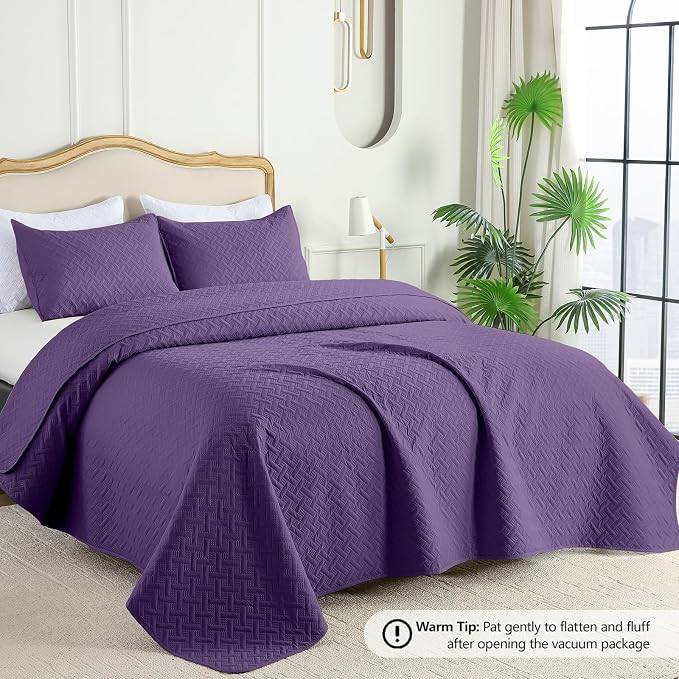 FLYMME Quilts King Size, Lightweight Purple Bedspreads, Basket Weave Pattern - Image 2