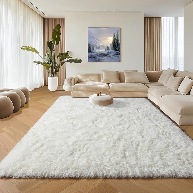 Cream White 8x10 Area Rugs for Living Room, Large Fluffy Shag Bedroom Rug - Image 5