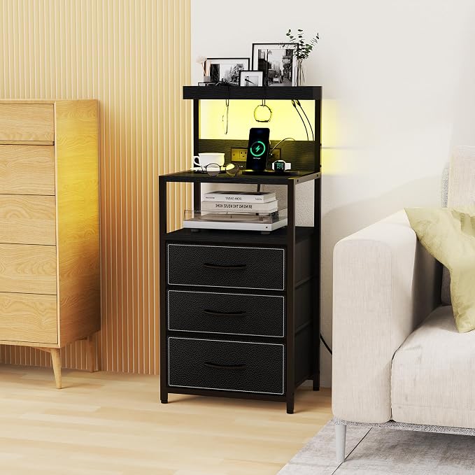 SZLHANJZ LED Nightstand with Charging Station, 3 Fabric Drawers, Storage Side - Image 6