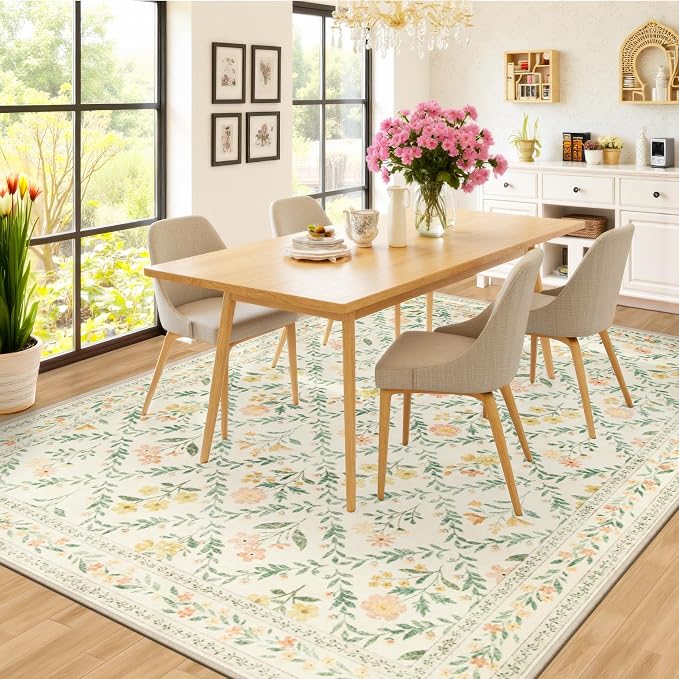 PLHXFR Area Rug 10x14 Living Room: Floral Washable Boho Carpet Beige Multi | - Image 4