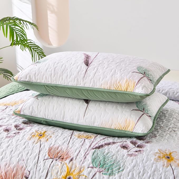 Dinjoy Floral Quilt Set Queen, 3 Pieces Sage Green Botanical Bedspreads | Soft - Image 7