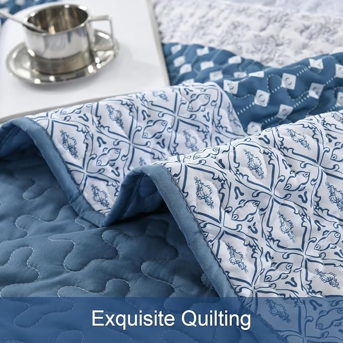 WONGS BEDDING Blue Quilt King Size, 3 Pieces Boho Striped Bedspreads | - Image 7