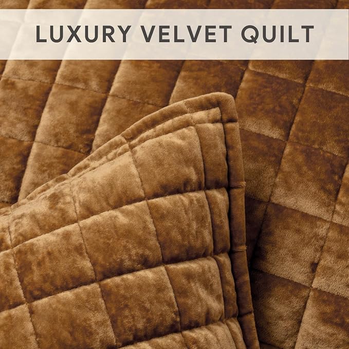 RECYCO Channel Box Stitch Velvet Quilt Set, Full Queen Size, Caramel Gold | - Image 4