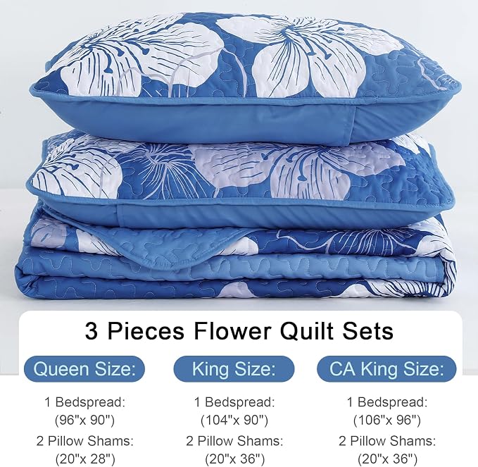 DJY Blue Quilt Set Queen 3 Pieces Botanical Floral Quilt Summer Bedding Set - Image 6