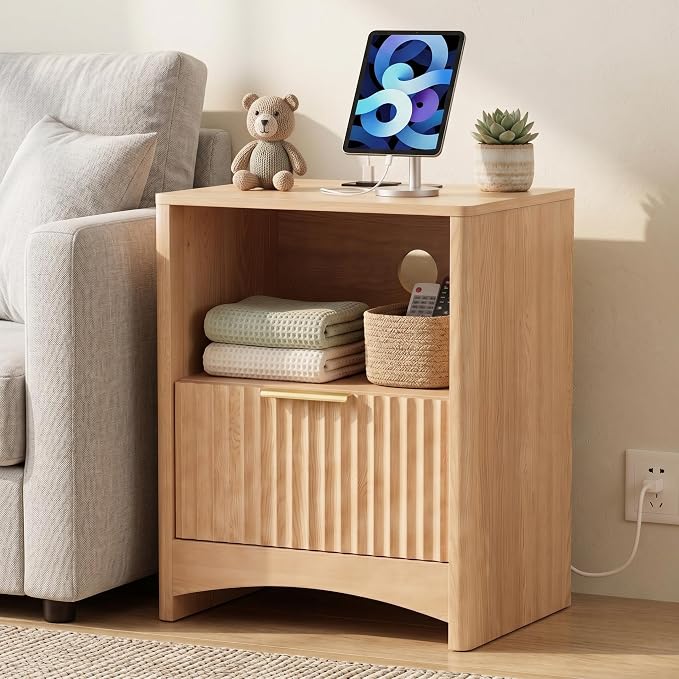 Marsail Wooden Nightstand with Drawer, Modern Night Stand with Charging Station by Marsail