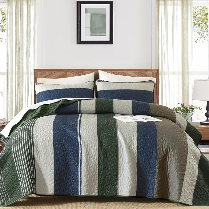 Dinjoy Queen Boho Striped Quilt Set, Breathable All-Season, 3-Piece Set Fits - Image 3