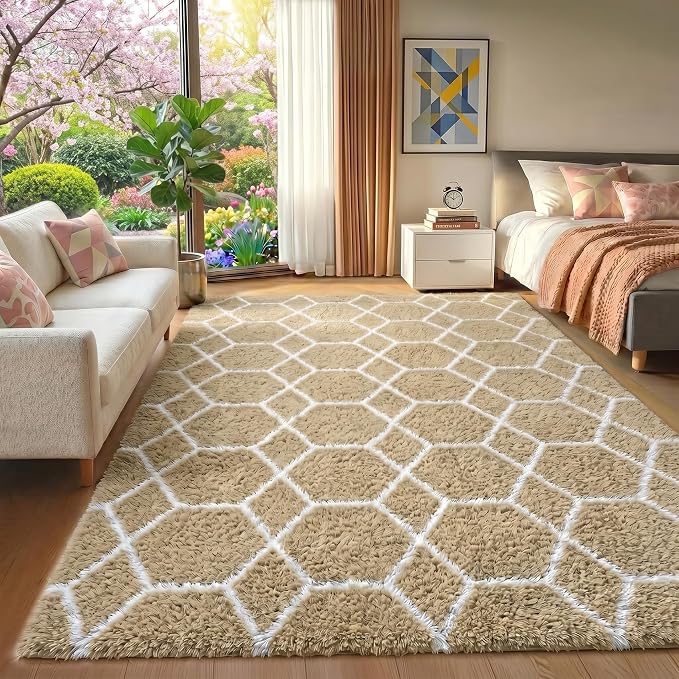 Area Rugs for Bedroom Living Room, 4x6 Fluffy Beige and White Throw Rug by ONASAR