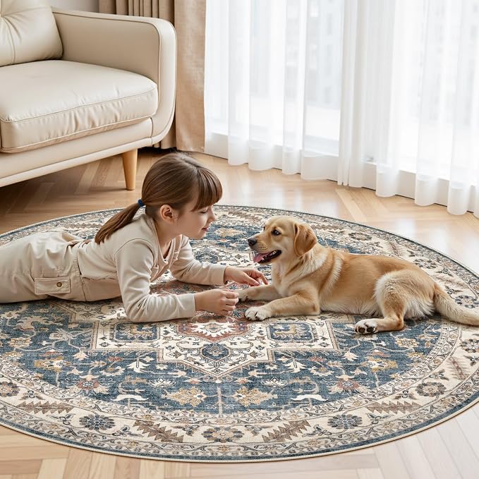 cotiled 6ft Round Living Room Area Rug, Traditional, Vintage Blue | Soft - Image 6