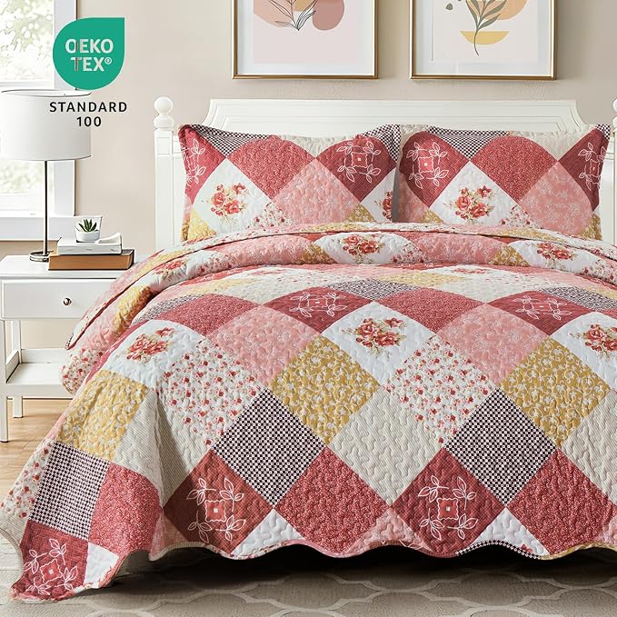 Dinjoy Boho Quilt Set Queen Size, Patchwork Floral Bedspreads, Romantic Red | - Image 6