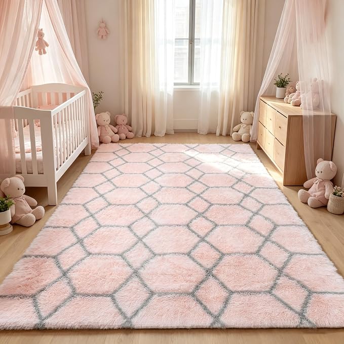 Rugs for Living Room Bedroom, 5x8 Fluffy Pink and Grey Area Rug, Geometric Boho - Image 8