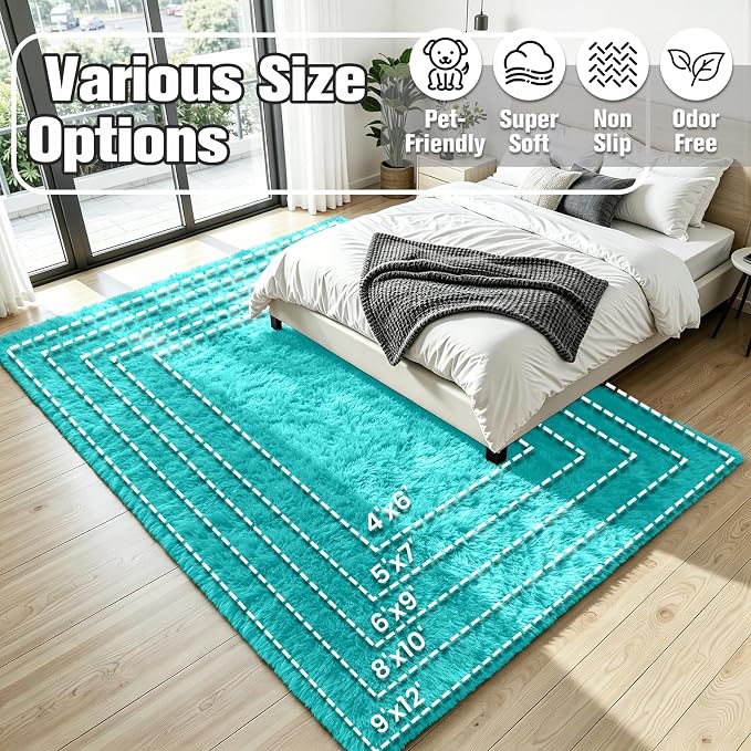 6x9 Fluffy Area Rug for Living Room: Soft Non-Slip Turquoise Bedroom Carpet | - Image 8