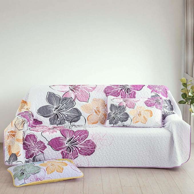 DJY 3 Pieces Quilt Set King Size Purple Floral Pattern, Colourful Floral - Image 6