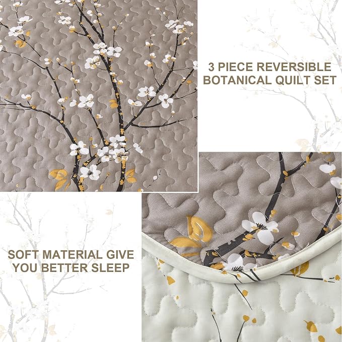 DJY Quilt Set King Size, Branch Botanical Bedspread Coverlet, Tan &Cream | - Image 4