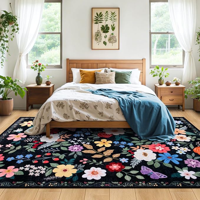 PLHXFR 6x9 Area Rug Living Room: Floral Washable Boho Soft Carpet Black | - Image 3