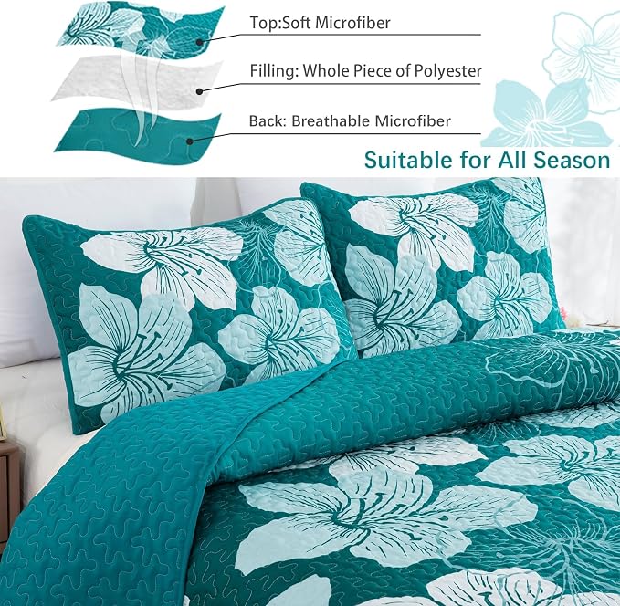 DJY 3 Pieces Quilt Set California King Gradient Green Floral Pattern Quilt - Image 4