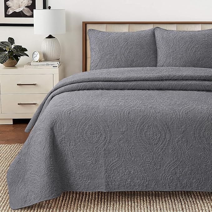 Cozy Line Home Fashions Charcoal Gray Cotton Quilt Set – 3-Piece Solid Textured by CozyLineHomeFashions