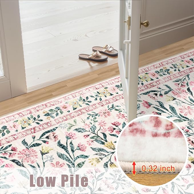 PLHXFR Area Rug 9x12 Living Room: Floral Washable Boho Carpet Pink Green | - Image 9
