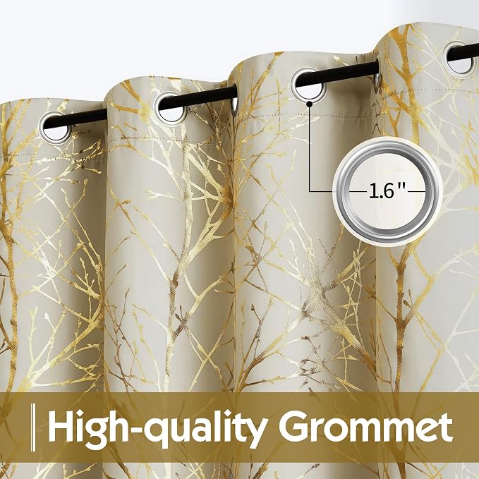 FMFUNCTEX 100% Blackout Ivory Gold Foil Tree Curtains 63 Inch Long 2 Panels | - Image 3