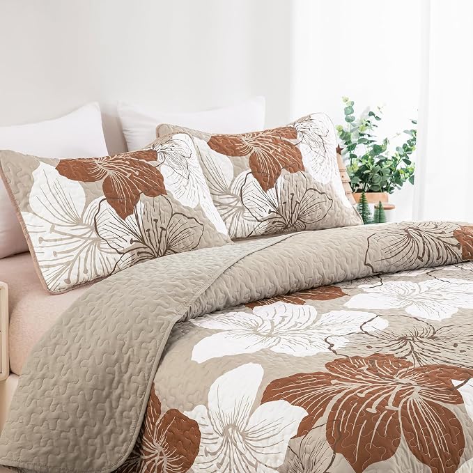 DJY Quilt Queen Size, Fall Taupe Floral Boho Bedspread Bedding Set 3 Pcs | - Image 5