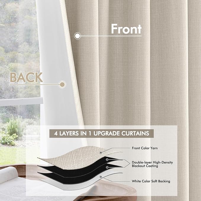 MIULEE 100% Blackout Back Tab Pleat Linen Curtains 50" Wx80 L, Birch | 2 Panels - Image 5