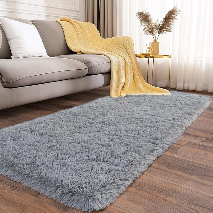 Soft Runner Rugs for Bedroom Hallways, 2x6 Grey Fluffy Shag Throw Area Rug Non - Image 4